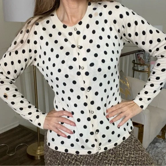 Entracte Vtg Silk Cashmere Polka Dot Crewneck Fitted Button Up Knit Cardigan M - Picture 1 of 16